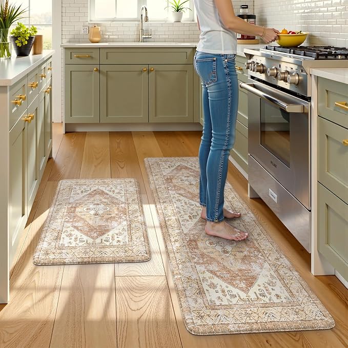 KIMODE Anti Fatigue Kitchen Mats for Floor 2 Piece 20"x59"+20"x32", Khaki Boho Distressed Kitchen Rugs, Non Slip Waterproof Kitchen Floor Mat, Comfort Foam Standing Mat for Sink Laundry Office Desk