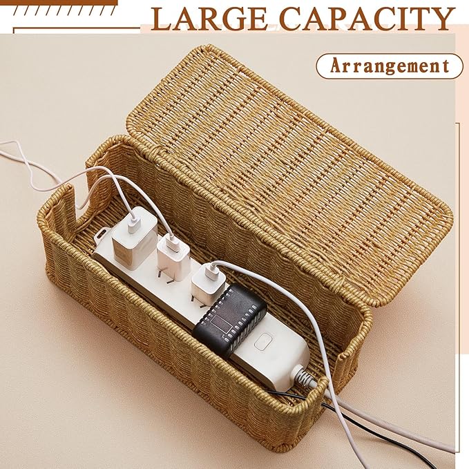 Marsui Cable Management Box Synthetic Rattan Cord Organizer Box Cable Hider Box Storage Wire Box with 2 Open Slots for Home Office Desk Computer TV Wires USB Hub (Medium, 1)