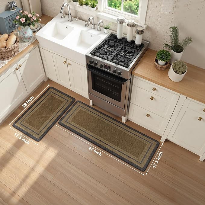KIMODE Anti Fatigue Kitchen Mats 17"x47"+17"x29", Farmhouse Kitchen Rugs Sets of 2, Non Slip Kitchen Mats for Floor, Cushioned Comfort Standing Mats for Sink Laundry Office Desk Grey/Brown