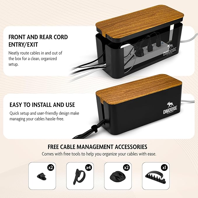 DMoose Cable Management Box - 2 Pack Medium & Large Cord Organizer for Desk & Floor, Cable Organizer Box for Child & Pet - Hider for Tidy Office & Home (Wood Print Lid, Black, Pack of 2)