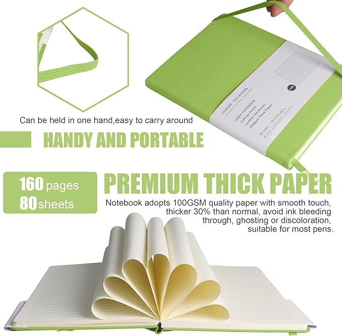 Lined Journal Notebook, 10Pack(Grass Green), 160 Pages, Medium 5.7 inches x 8 inches - 100 gsm Thick Paper, Hardcover