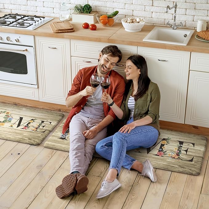 KIMODE Anti Fatigue Mats for Kitchen Floor,Farmhouse Floral Rugs Sets of 2,Cushioned Carpet Non Slip,Wide Memory Foam Runner for Bathroom Sink Laundry Office,Beige 20"x47"+20"x32"