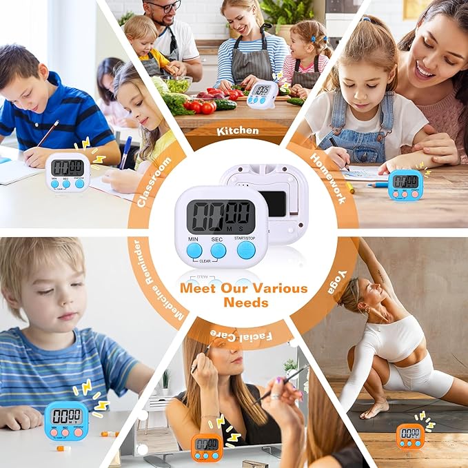 12 Pack Digital Kitchen Timers for Cooking, Small Magnetic Countdown Classroom Timer for Teachers Kids, Big Digits Loud Alarm Backing Stand Timers for Kitchen, Shower, Study, Work, Exercise Training