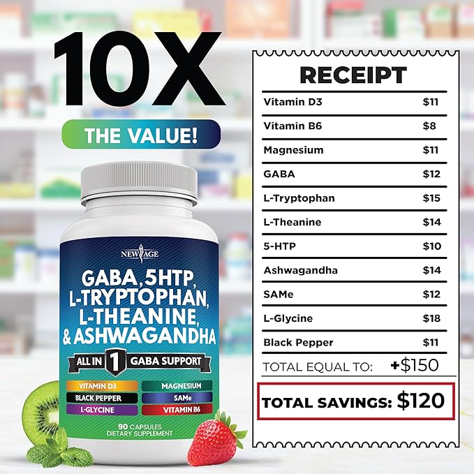 NEW AGE GABA 750mg 5 HTP 200mg L Tryptophan 500mg L Theanine 200mg Ashwagandha SAM-e L-Glycine - Vitamins for Women and Men with L-Tyrosine 5-HTP (5-Hydroxytryptophan) - 90 Count