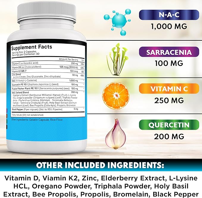 NEW AGE NAC Supplement N-Acetyl Cysteine- with Vitamin D3, K2, Zinc, Quercetin, Triphala, Sarracenia Purpurea, Elderberry, Holy Basil, Bee Propolis, Bromelain, L-Lysine - 60 Count