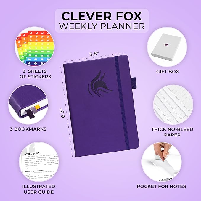 Clever Fox Planner – Undated Weekly & Monthly Planner for Productivity, Time Management & Goals – Organizer Journal – A5 (Purple)