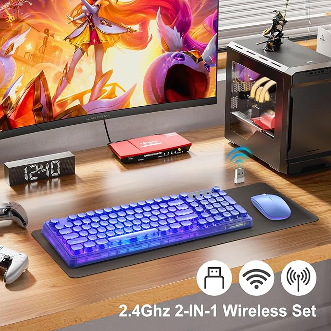 Wireless Light Up Keyboard and Mouse,Cute 2.4Ghz Cordless Rechargeable Clear Transparent Backlit Keyboard,15 Backlight Effects,Volume Knob,RGB Mouse with 3 DPI for Mac Computer PC Laptop Desktop-Blue