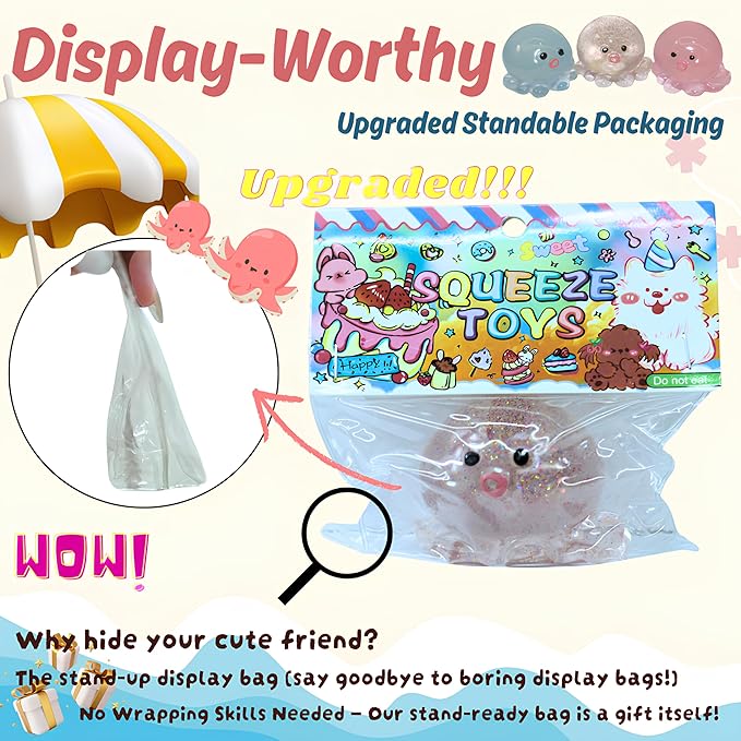 Cute Crystal Octopus Squishy Toys - Upgrade Clear Pink Blue Sequins Octopus Soft Sticky Toys, Animals Sticky Stress Ball, Stress Relief Fidget Sensory Toys, Birthday Office Favors for Adults (Blue)