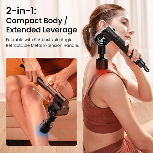 Massage Gun with Heat and Cold Head,Deep Tissue Percussion Back Massager for Muscle/Neck/Body Pain Relief with Long Extension Retractable Handle,32-Speeds,Foldable with 5 Adjustable Angles