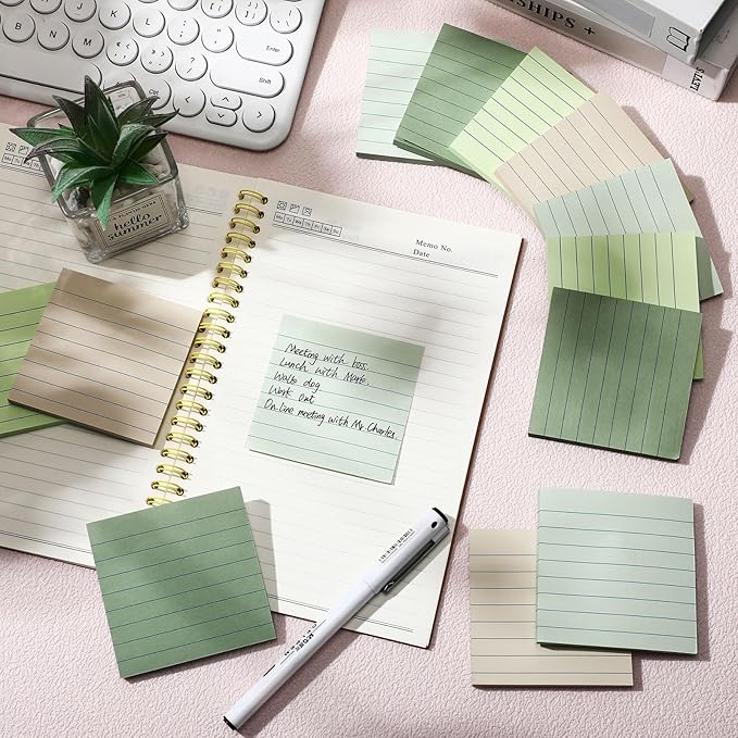 12 Pack Sage Green Lined Sticky Notes 3x3 inch Post Ruled Stickies Super Self Stick Power Memo Pads Multi Colors Notes Pads Vintage Aesthetic School Office Supplies Accessories