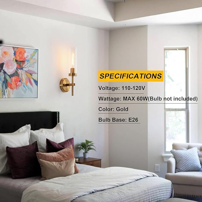 Wall Sconces Set of Two,Brass Gold Bathroom Sconces Wall Lighting with Clear Glass, Modern Sconces Wall Decor Set of 2 Wall Light fixtures for Bathroom Mirror Living Room Hallway Bedroom Wall Lamp