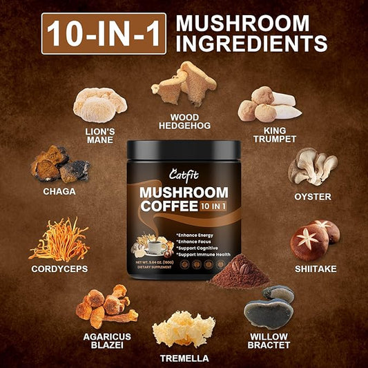 Mushroom Coffee Powder, 10 Mushroom Blend Supplements with Lion's Mane, Chaga, Cordyceps, L-Theanine for Energy, Focus, Cognitive and Immunity, 50 Serving