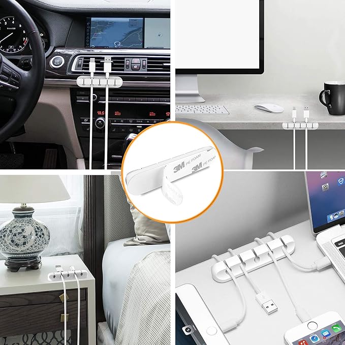 Cord Organizer Cable Holder Management – 5 Pack White Cable Clips Cord Holder for Nightstand, Desk, Car | Adhesive Cable Organizer Wire Holders for Cords, Charger, Office, Desk