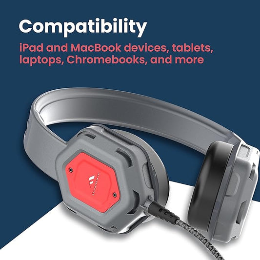 Brenthaven Headphones Wired | 3.5mm Jack On-Ear Edge Rugged Adjustable Headphones w/Long Tangle Free Cord - Lightweight Durable & Drop Tested School Supplies for Kids Travel and K-12 Students - Gray