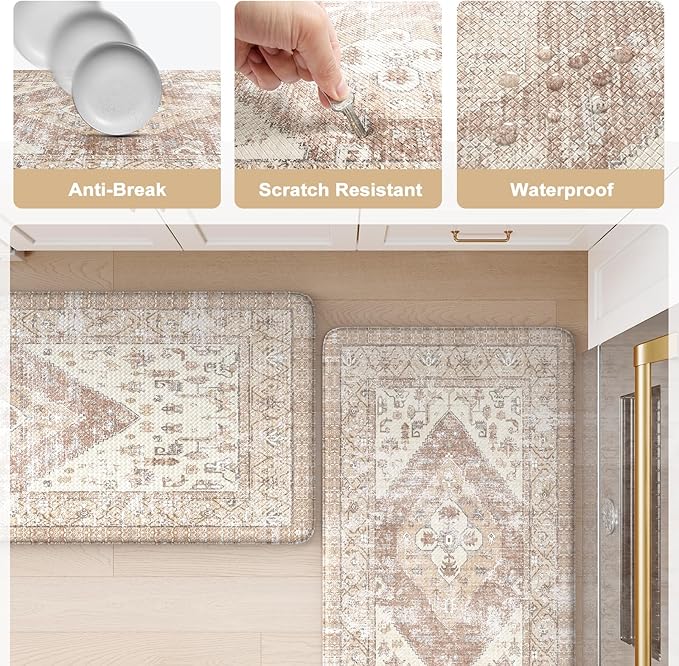 KIMODE Anti Fatigue Kitchen Mat, Farmhouse Kitchen Rugs Sets of 2, Non-Slip Waterproof Kitchen Floor Mats, Ergonomic Cushioned Standing Mat for Sink, Laundry, Desk Khaki 20"x47"+20"x32"