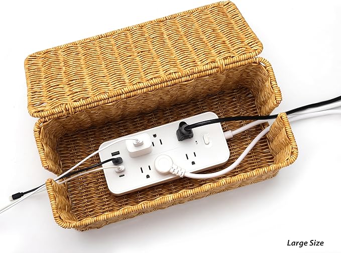 Large Cable Management Box, Handwoven Imitation Rattan Cord Organizer Cord Hider Box, Desk Cord Management Box to Hide Cords and Power Strips, 13.5" L x 6.2" W x 6" H, Natural