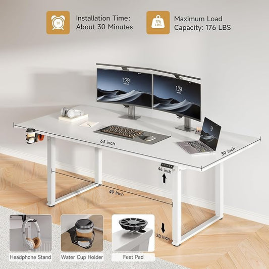 63x30 Inch Adjustable Standing Desk with 4 Legs, Stand up Desk Features a Spacious Rectangular Top, Dual-Motor Lift, and Memory Presets (28-46Inch) for Home Offices or Computer Workstations, White