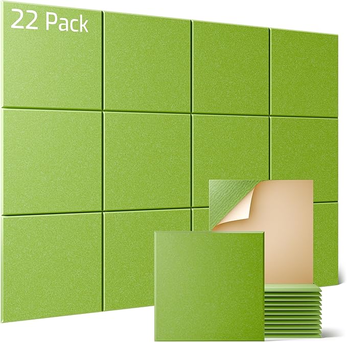 Sonicism 22 Pack Acoustic Wall Panels with Self-Adhesive, 12" X 12" X 0.4" Sound Proof Foam Panels, Decorative Soundproof Wall Panels, Sound Proof Absorbing Tiles for Home & Offices, Light Green