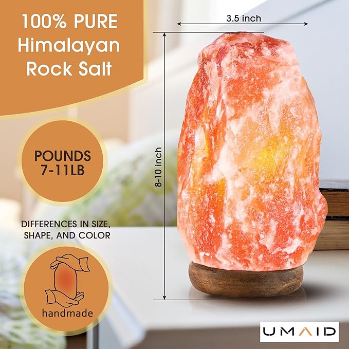 UMAID Himalayan Salt Lamp 8-10 inch (7-11 lb) with Dimmable Switch and Night Light Bulb on Handcrafted Wooden Base, Natural Pink Rock Salt Lamp