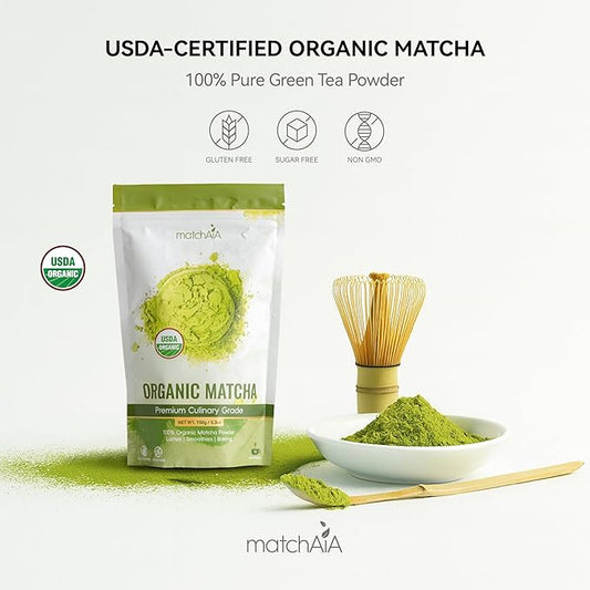 MatchAiA Premium Culinary Grade, USDA-Certified Organic Matcha, 100% Pure Green Tea Powder, Perfect for Lattes, Smoothies, Desserts and Baking, Sugar Free, Gluten Free (150g / 5.3oz Pouch)