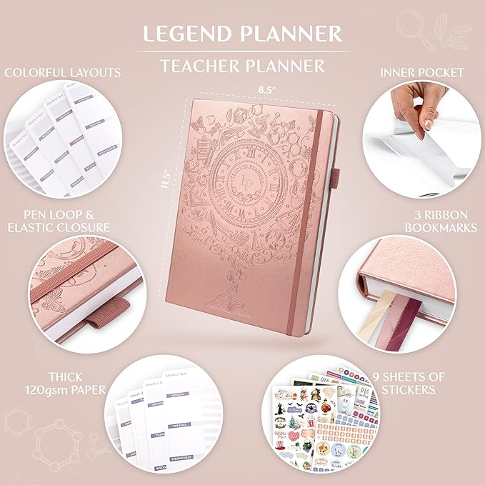 Legend Teacher Planner – Undated Lesson Plan Book for Teachers with Weekly & Monthly Calendars - Classroom Organization & School Year Planner – 8.5”x11.5” Hardcover (Rose Gold Debossed)