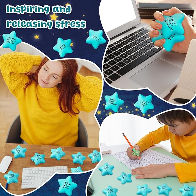 Chalyna 30 Pieces Motivational Star Stress Ball Quote Relief , 2.2 Inch PU Foam Stress Toys Bulk Sensory Star Toy Gifts for Kids Teens Adults Relieve Anxiety Party Supplies(Sky Blue)