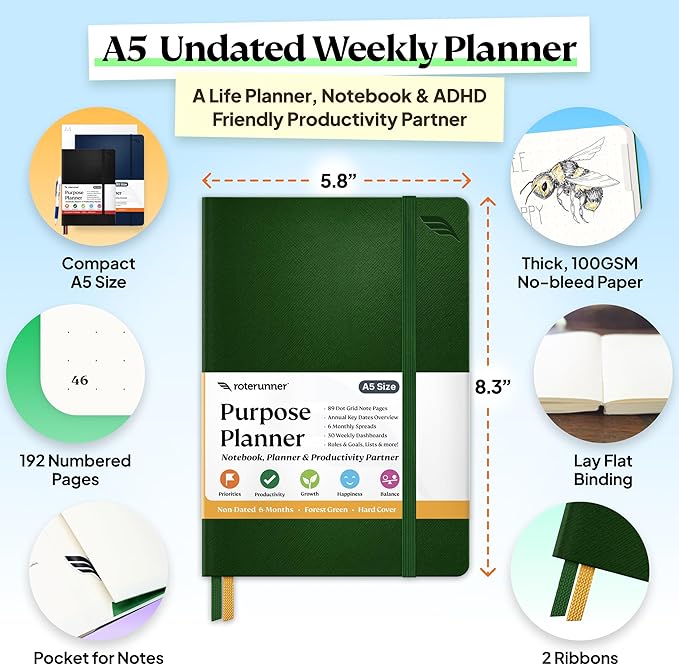 Roterunner Purpose Planner Notebook A5 5.8”x8.3” Undated 2025 Daily Weekly and Monthly Productivity Goal Setting Tool for Work Home ADHD Planner for Adults Self Care Journal (Green Hardcover)