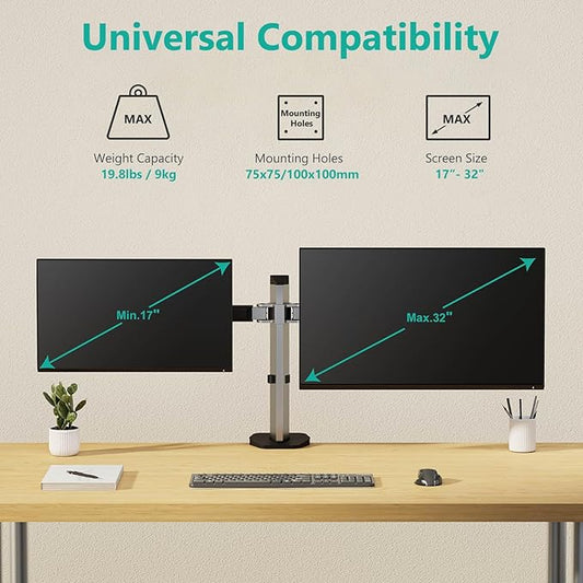 WALI Dual Monitor Mount, Monitor Arm Fits 2 Screens up to 32 inch, Dual Monitor Stand for Desk 19.8 lbs Weight Capacity per Arm Fully Adjustable Designed for Home Office (M002N), Black