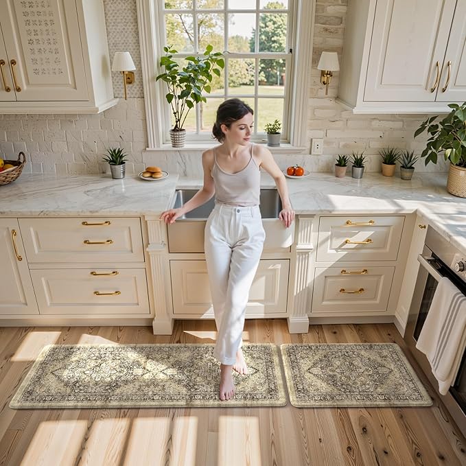 KIMODE Anti Fatigue Kitchen Mat, Boho Distressed Kitchen Rugs Sets of 2, Kitchen Floor Mats Non Slip Cushioned, Waterproof Standing Mat for Laundry, Office, Sink, Desk, Brown 17"x47"+17"x29"