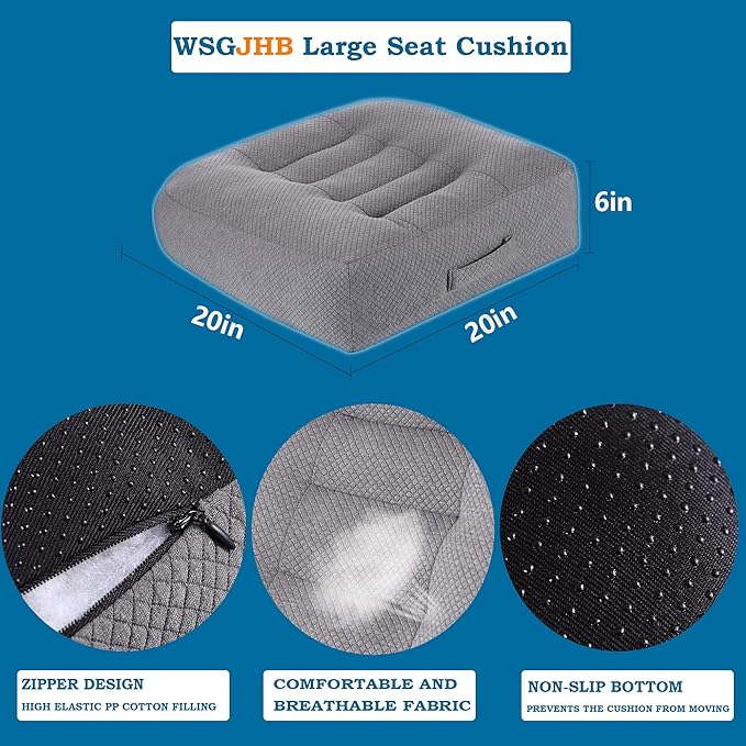 WSGJHB Large Seat Cushion, Extra Thick Booster Seat Cushions for Office Chairs Long Sitting Office Workers, Car Drivers, Relieves Back Pain, Breathable, Anti-Slip, 20x20x6 inchs, Gray