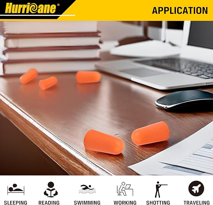HURRICANE 100 Pairs Ear Plugs, Certified 32dB NRR Slow Release Comfortable PU Foam Earplugs for Noise Reduction, Work Snoring and Construction Loud Noise