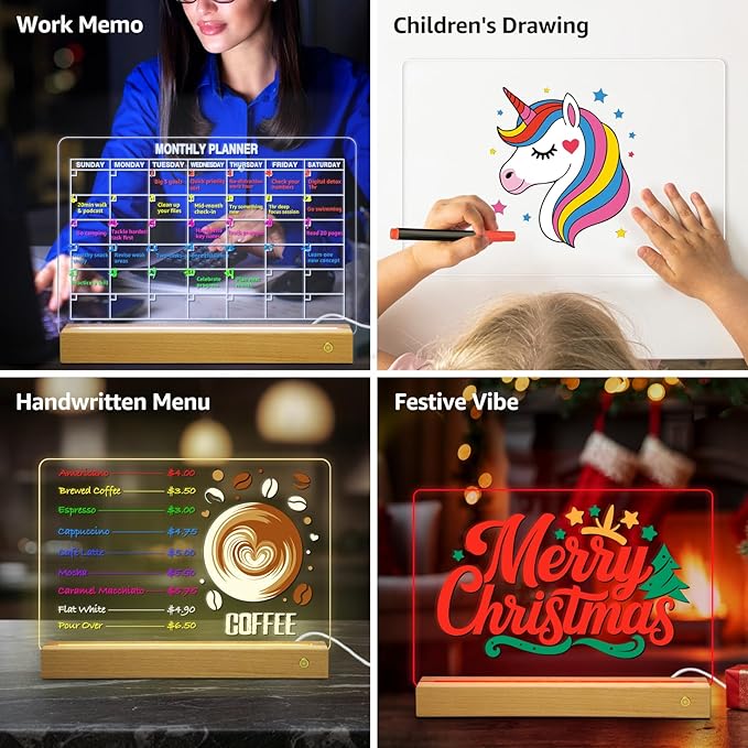 LED Note Board with 8 Colors,Acrylic Dry Erase Board with Light, Clear Monthly/Weekly Calendar, Led Drawing Board for Kids with Stand, 8 Markers, Adapter, Soft Cloth, Holiday Trend Gift (Beech Wood)