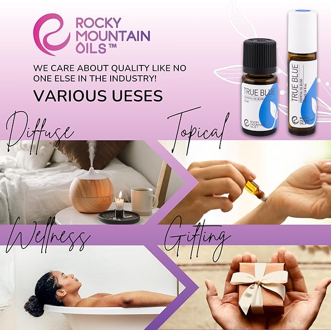 Rocky Mountain Oils True Blue Essential Oil 15ml - Pure Aromatherapy Blend with Wintergreen, Peppermint, Helichrysum, Blue Tansy & Spruce | Diffuser Ready | Refreshing Aroma for Home & Office