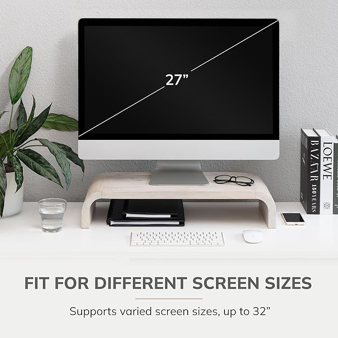 Anji Mountain Wood Monitor Stand Riser Desk Desktop Organizer Table for Home, Office Workspace, Laptop Riser, Ergonomic Design Stand for Gaming Setup, White Wash