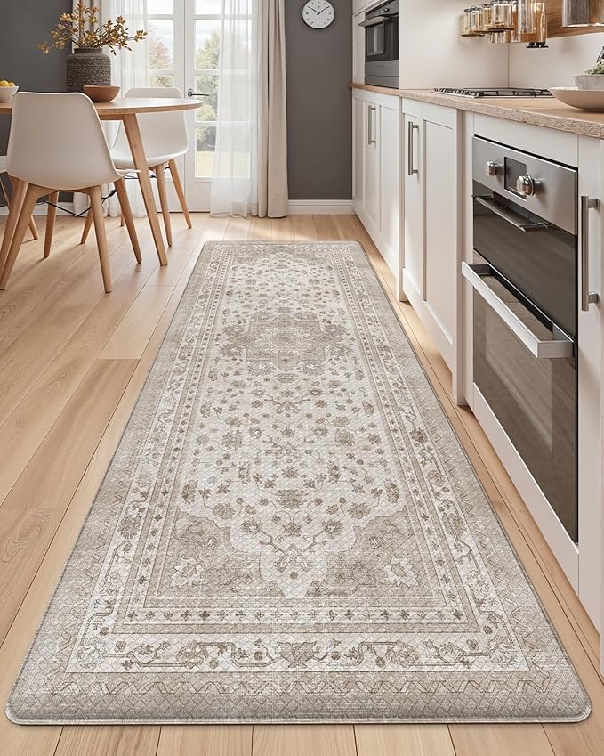 Color&Geometry Kitchen Floor Mats Anti Fatigue, Cushioned Boho Rugs,Waterproof Non Slip Kitchen Runner for Sink, Standing Mats for Office,24"x87",Warm Grey
