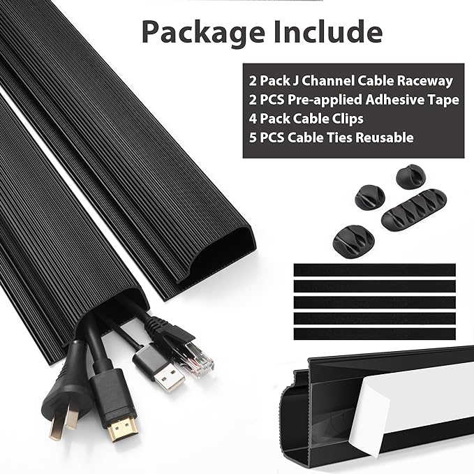 Cable Management Under Desk (31.5in J Channel 2x15.7in) Self Adhesive Cable Raceways Channel, Easy to Install Cord Cover Hider Desk Cord Organizer Electrical Black