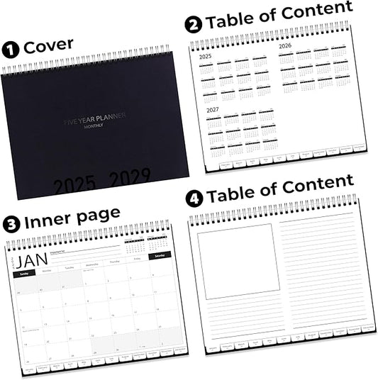 5-Year Calendar Planner, 2025-2029 Monthly Schedule Organizer Flip Calendar Diary with Tabs, Spiral Bound Top, Black, 8 ½” Wide x 11” Long