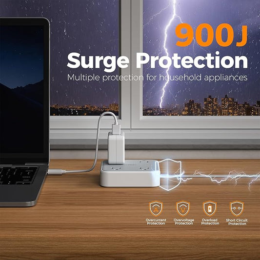 Extension Cord 10 ft, TESSAN Surge Protector Power Strip Long Cord with 3 USB(1 USB C) 4 Outlets, 900 Joules Protection, Small Desktop Multiple Charging Station for Home School Dorm Room Office, Grey