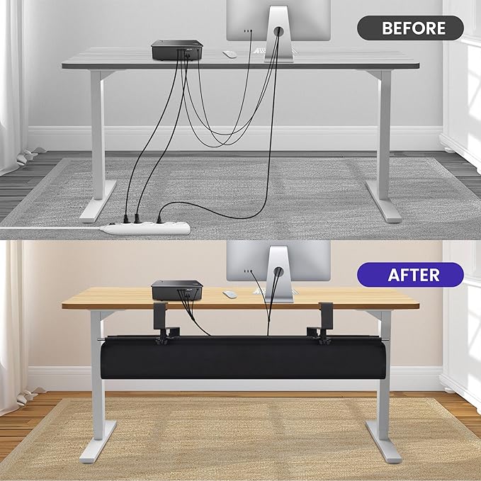 Under Desk Cable Management Tray, Clamp-On Cord Organizer,No Drilling Required, Holds Up to 22 lbs, for Cords, Routers, Power Strips (Black, 28.4inch)