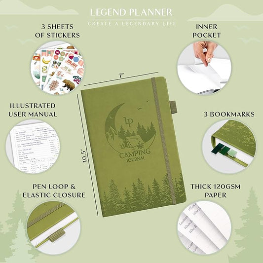 Legend Camping Journal – Hardcover Camper & RV Trip Planner – Notebook to Plan Travel & Camp Adventures with Packing Checklist, Meal Plan & Camping Bucket List – 30 Trips, 7" x 10" (Green)