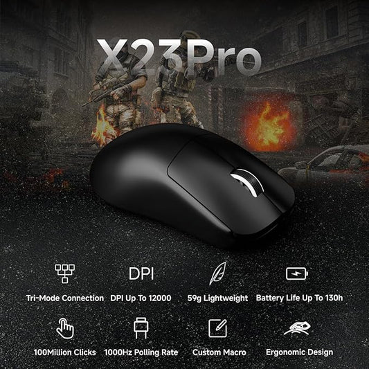X23Pro Wireless Gaming Mouse, 2.4G/BT5.0/USB-C Esports Gaming Mouse, 800mAh Rechargeable Lightweight Mouse Gaming, 12000 DPI Wireless Mouse with 6 Programmable Buttons,for Laptop/PC/Mac, Black