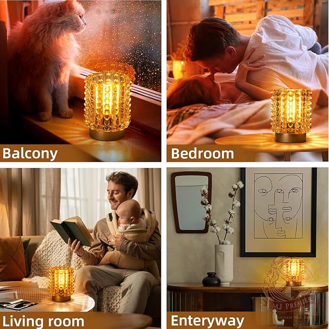 Battery Operated Lamp with Timer, Mini Crystal Table Lamps for Home Decor, Small Cordless Lamp for Areas No Outlets, Glass Battery Powered Lamps for Entryway, Bedroom, Bathroom, Shelf, Corner(Yellow)