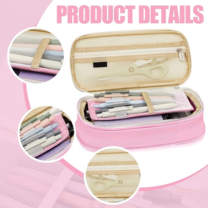 Henoyso 18 Set Aesthetic School Supplies Include Big Capacity Study Pen Bag with Zipper 12 Pcs Chisel Tip Bible Highlighters 5 Pcs Quick Dry Retractable Black Ink Pens for Student Office(Pink)