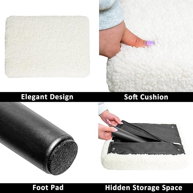 CAROLMADE Ottoman Foot Rest, Sherpa Small Ottoman Foot Stool with Legs Modern Footstool Ottomans for Living Room Entryway Office, Soft White