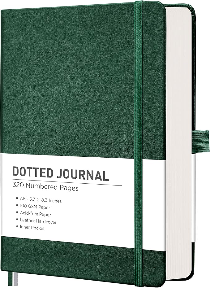 RETTACY Bullet Dotted Journal Notebook, 320 Numbered Pages, A5 Medium Size (5.7'' × 8.3''), Leather Hardcover, 100 GSM Thick Paper, for Bullet Journaling, Planning, Tracking (Dark Green)