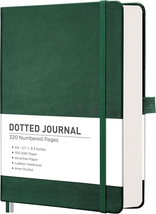 RETTACY Bullet Dotted Journal Notebook, 320 Numbered Pages, A5 Medium Size (5.7'' × 8.3''), Leather Hardcover, 100 GSM Thick Paper, for Bullet Journaling, Planning, Tracking (Dark Green)