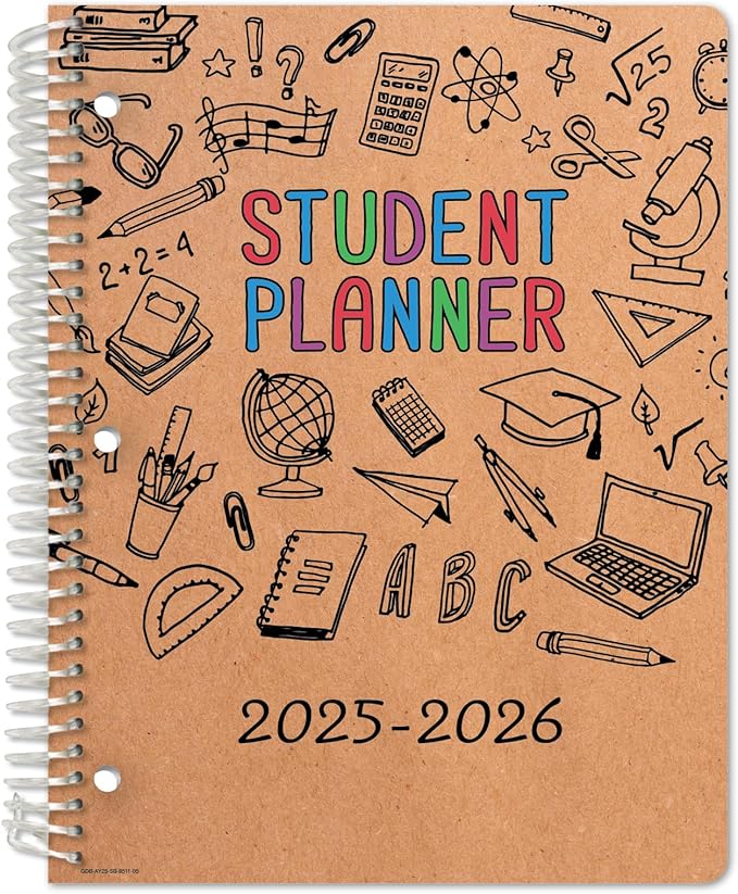Global Datebooks Dated Middle School or High School Student Planner for Academic Year 2025-2026 Includes Ruler/Bookmark and Planning Stickers (Block Style - 8.5"x11" - Kraft Doodles)