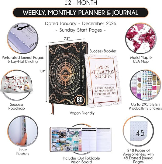 2026 Planner Weekly and Monthly | Law of Attraction Planner with Panduo App | A 12 Month Journey for Productivity, Gratitude & Goal Setting | Includes Foldable Vision Board, Gift Box & Stickers