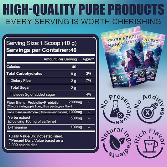 40 Servings (400g) Yerba Mate Instant Tea Powder, 3-in-1 Peach Mango Flavored Low Sugar Super Drink to Support Energy & Focus with Prebiotics and Probiotics