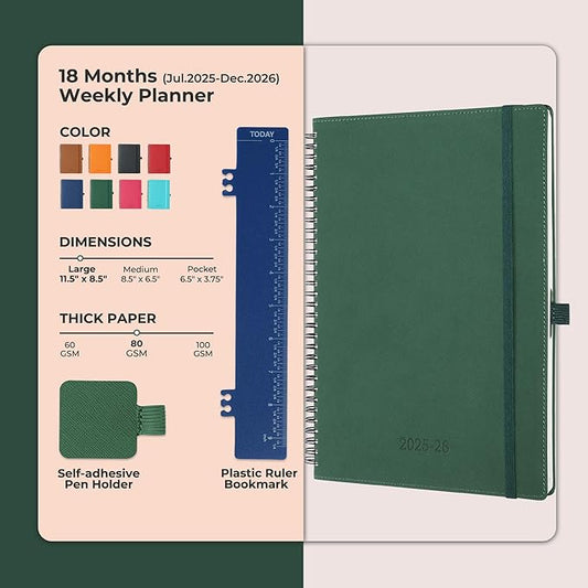 Planner 2025-2026 Daily Weekly and Monthly,11.5"x8.5",18 Months Spiral Bound Calendar Agenda with Self-adhesive Pen Holder,2026 Academic Plan with Vegan Leather Soft Cover,Green